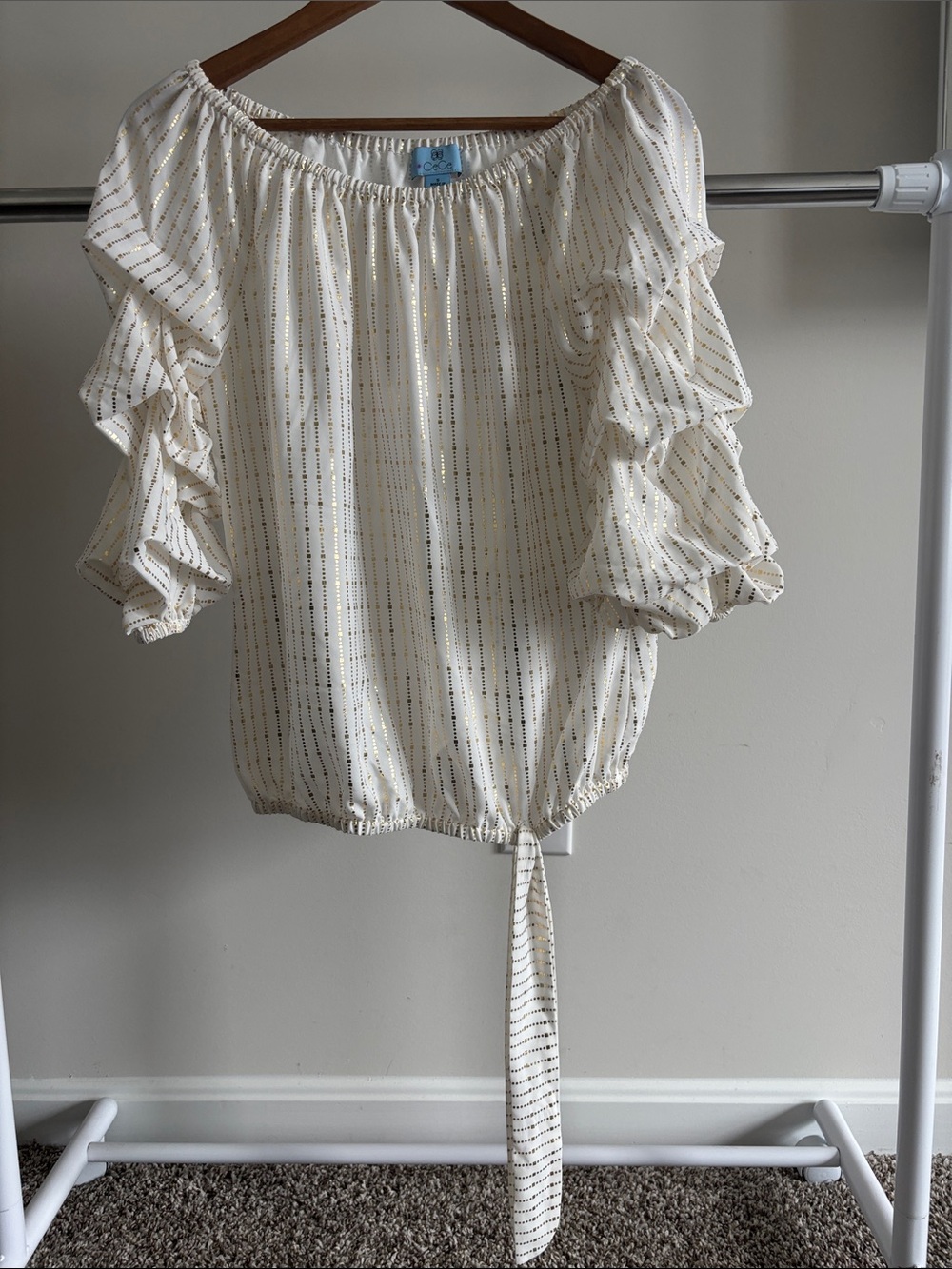 CeCe Cream Blouse with Gold Metallic Stripes